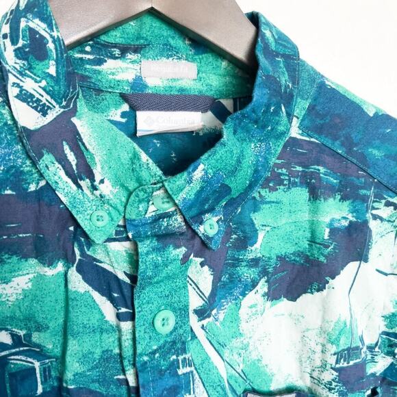 Columbia Button Down Short Sleeve Shirt Rapid Rivers Printed Large Green Blue - Picture 3 of 6